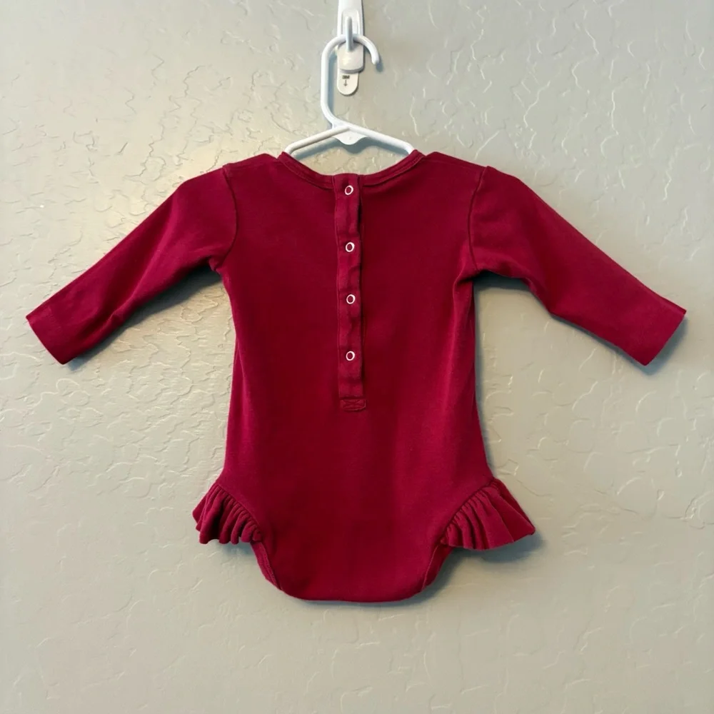 Kate Quinn dark red long sleeve cotton ruffle leg bodysuit one piece 6-12 months